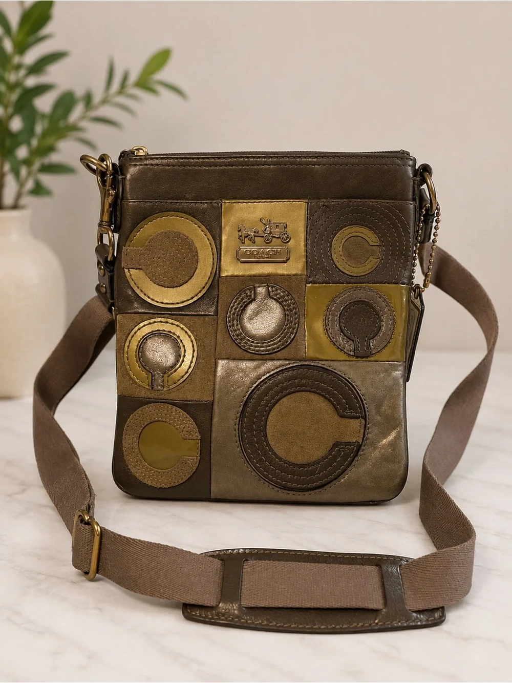 Coach Olive and Gold Patchwork Messenger Bag